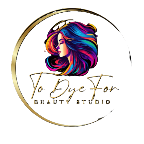 Logo for "To Dye For Beauty Studio": Woman with colorful hair in gold-lined circle, with gold script text below.