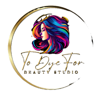 Logo for "To Dye For Beauty Studio": Woman with colorful hair in gold-lined circle, with gold script text below.
