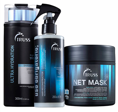 Three bottles of truss products including a net mask
