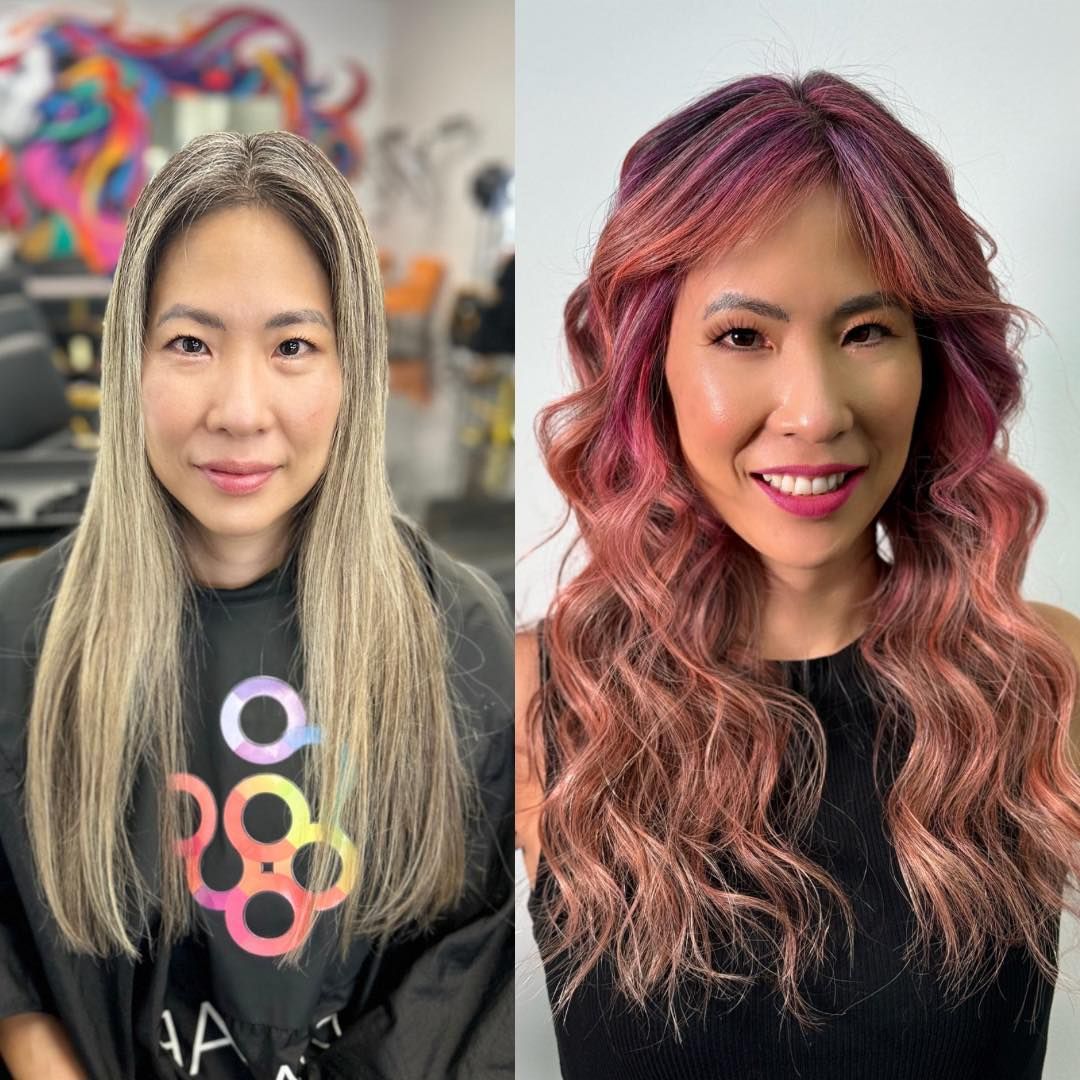 A before and after photo of a woman with blonde and pink hair.