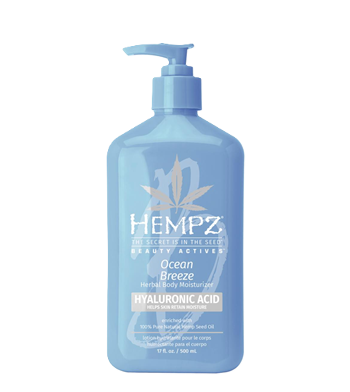 A bottle of hempz ocean breeze body moisturizer with hyaluronic acid