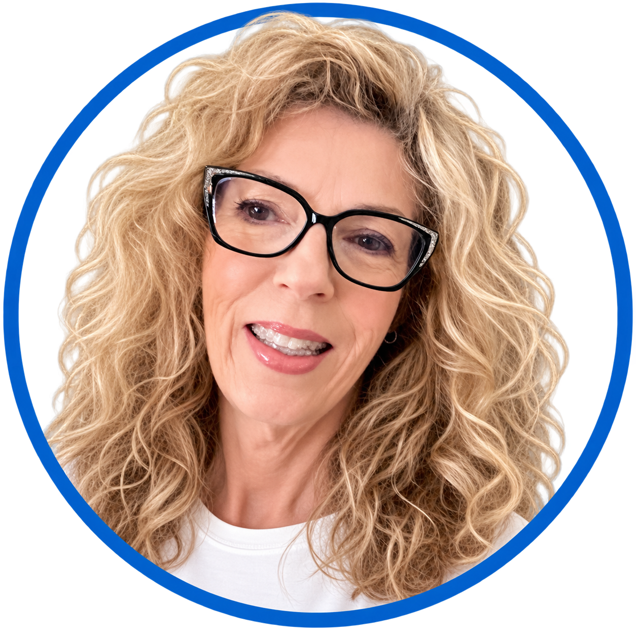 Blue 22 Salon & Spa Smiling blonde woman with glasses in a blue circular frame
