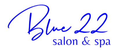 Blue 22 salon & spa logo in blue script on a white background
