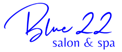 Blue 22 salon & spa logo in blue script on a white background