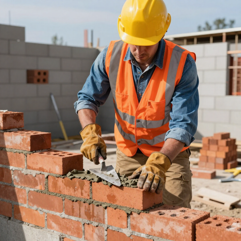 Mason in a hard hat preparing bricks and mortar during masonry service in Spring, TX