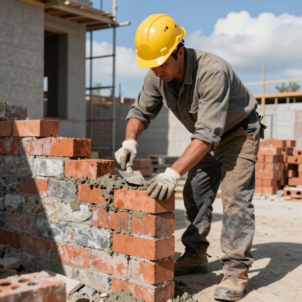 Mason placing brick blocks in a straight wall line during masonry service in Spring, TX