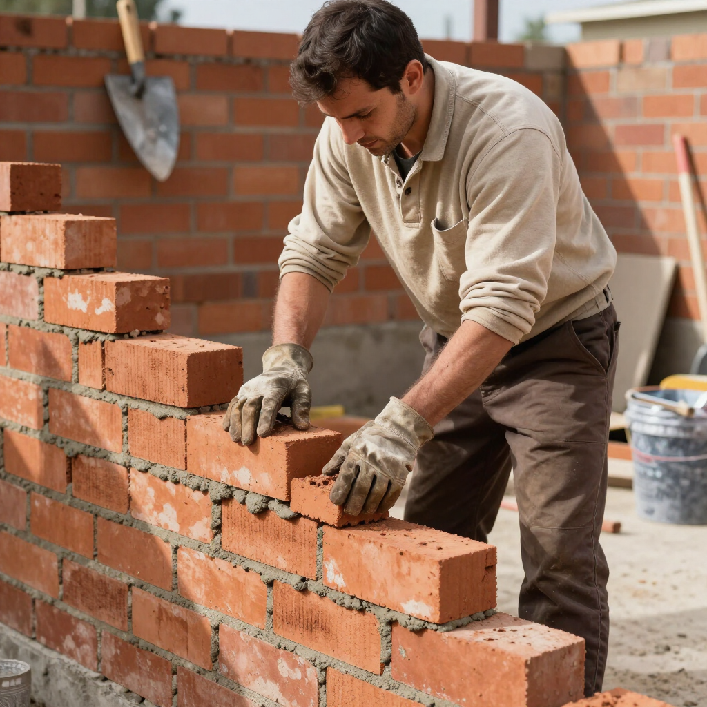 Worker carefully laying red bricks by hand during masonry service in Spring, TX