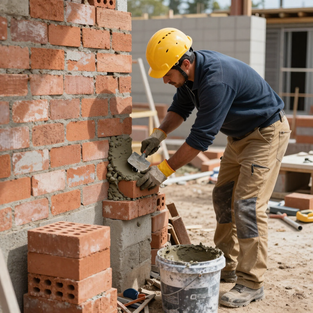 Worker smoothing mortar on a red brick wall during masonry service in Spring, TX