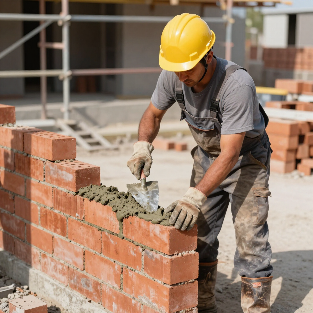 Worker spreading mortar across bricks on a job site during masonry service in Spring, TX