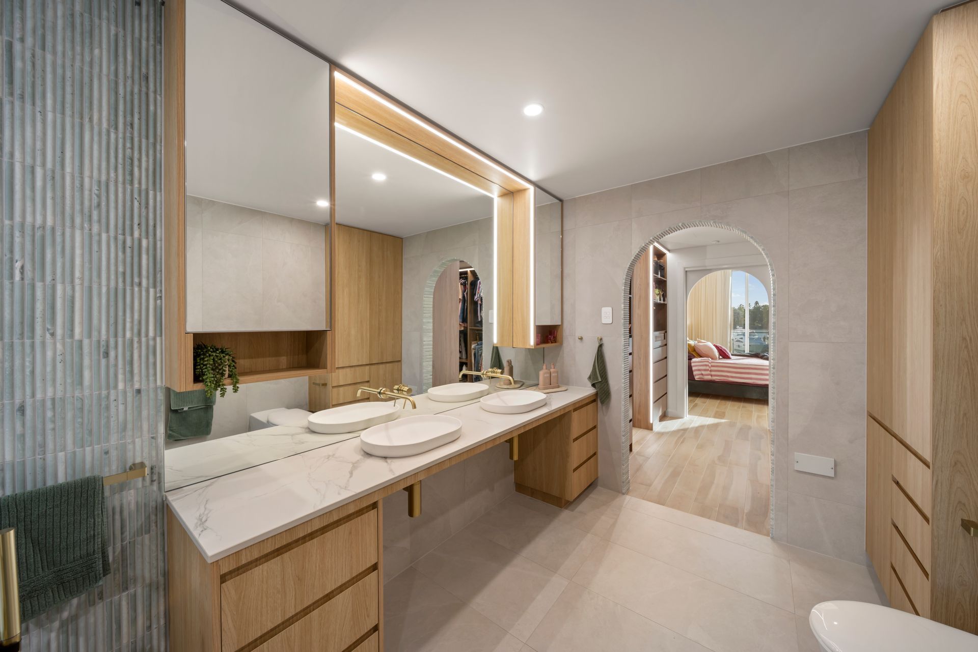 Modern Bathroom With Long Wood Vanity — Simon Bell Constructions in Alice River, QLD