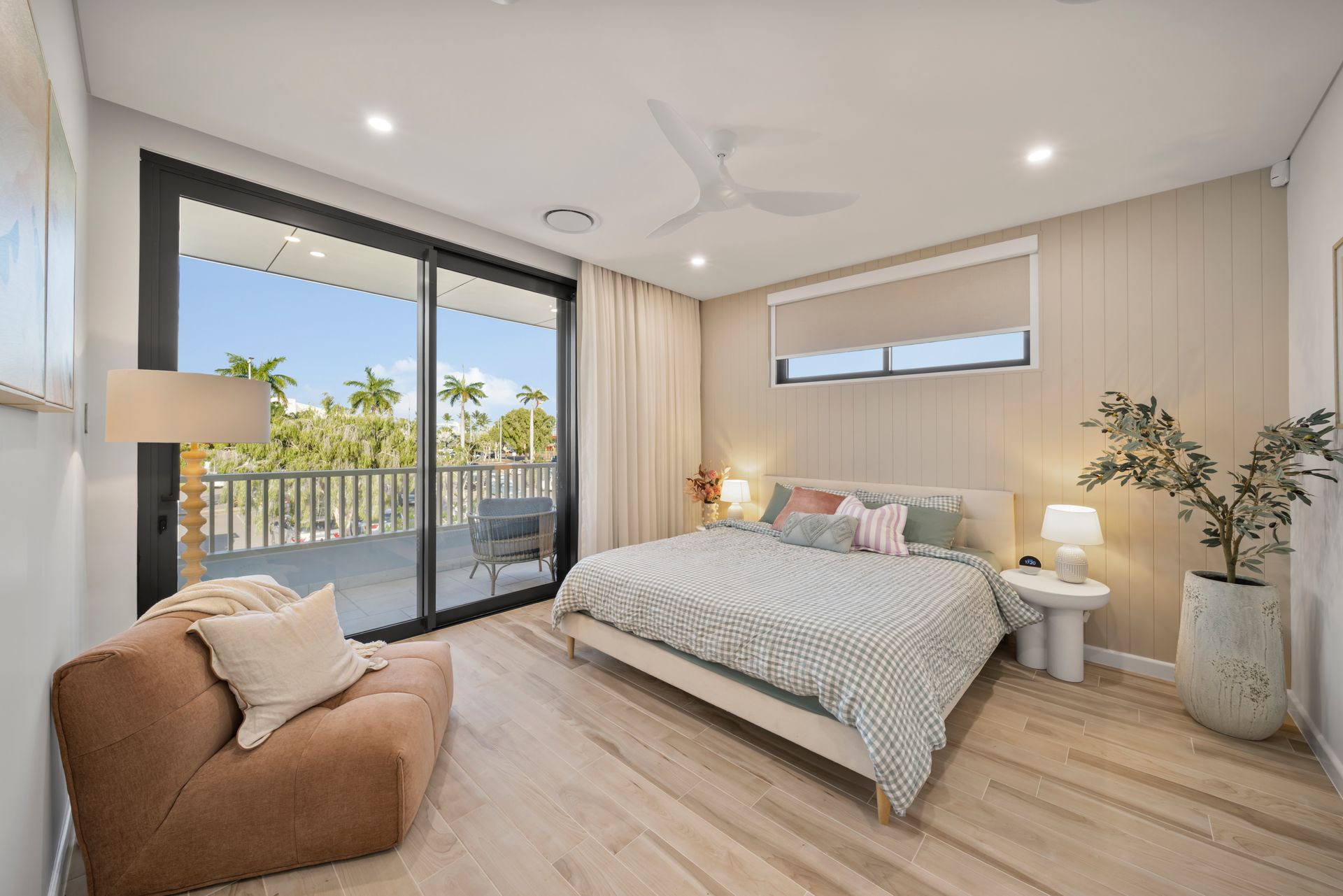 Bright Modern Bedroom With a Bed, Tan Chaise — Simon Bell Constructions in Alice River, QLD