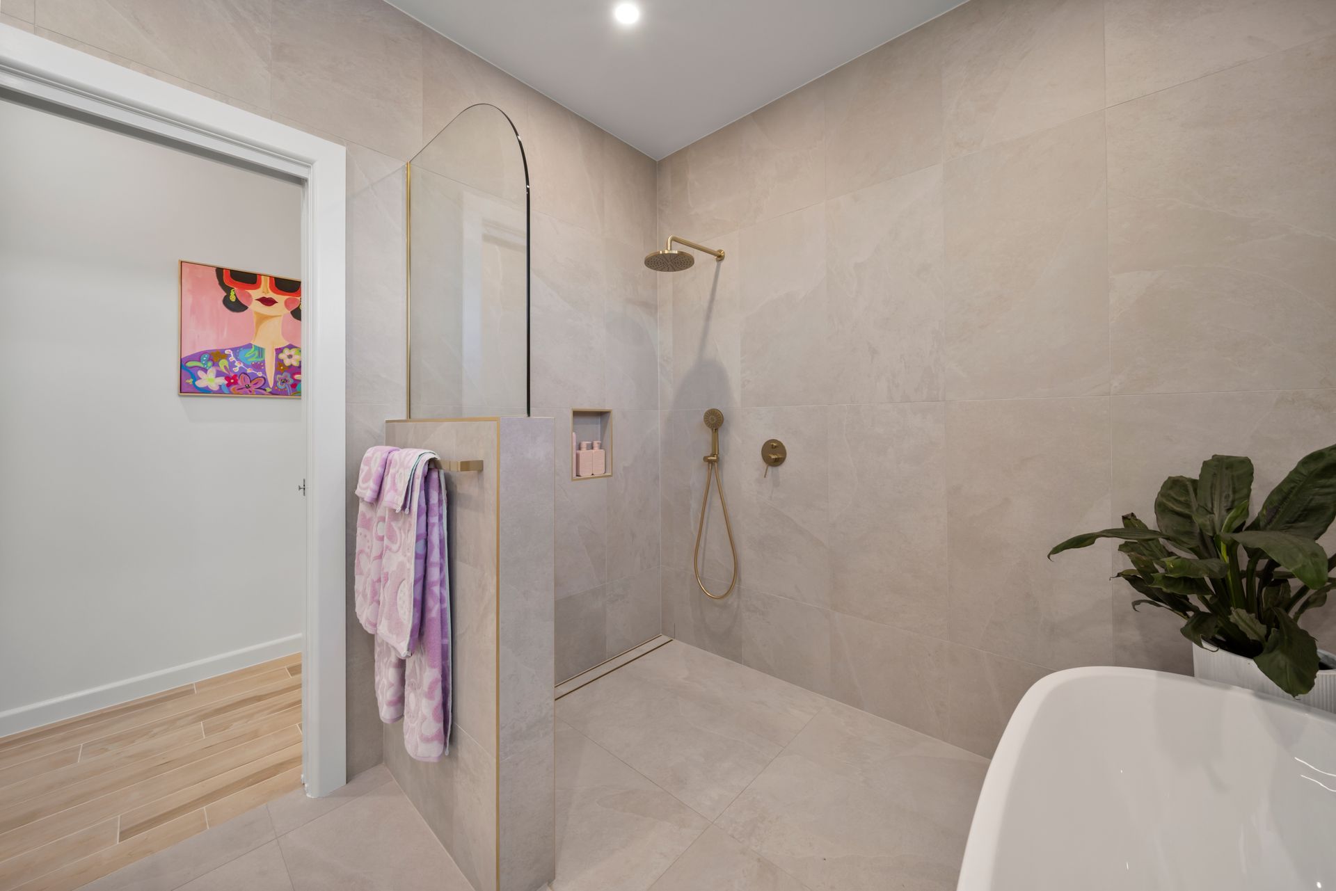 Modern Beige Bathroom With Walk-in Shower, Glass Partition — Simon Bell Constructions in Alice River, QLD
