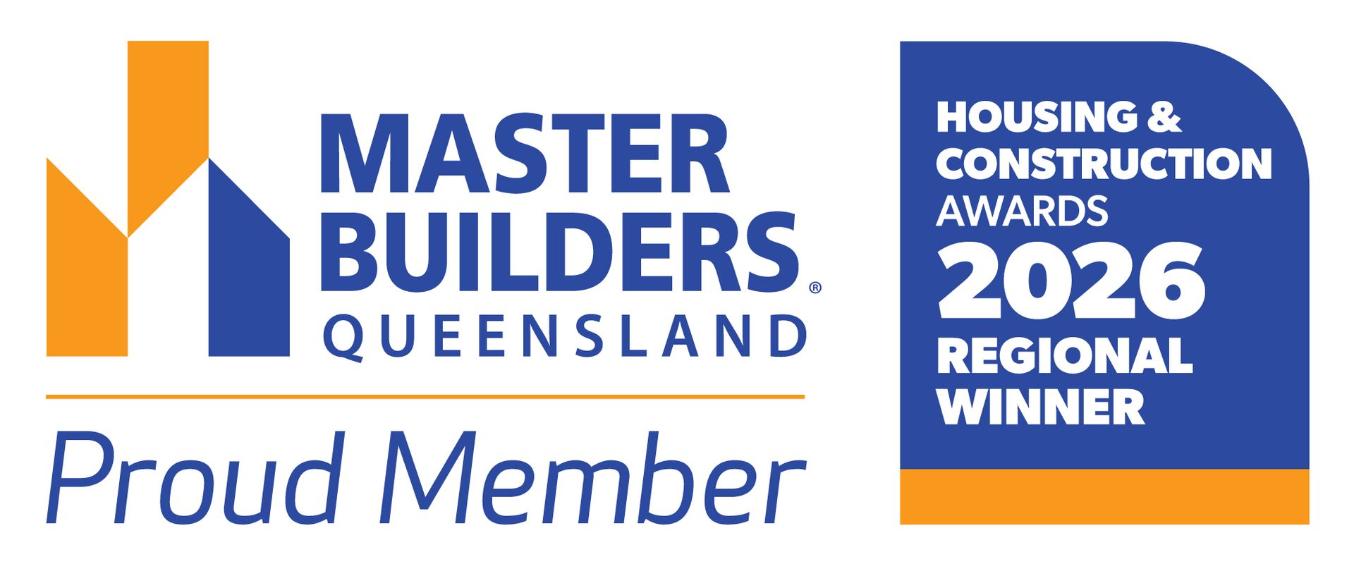 Master Builders Queensland Proud Member Logo & 2026 Housing & Construction Awards Regional Winner Badge — Simon Bell Constructions in Alice River, QLD