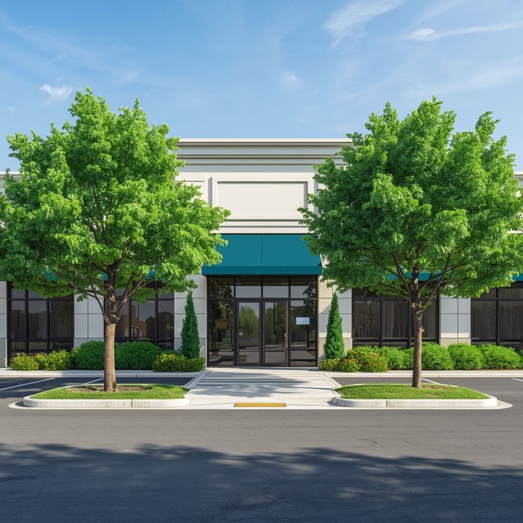 Front view of a modern commercial building with neatly maintained landscaping, green trees