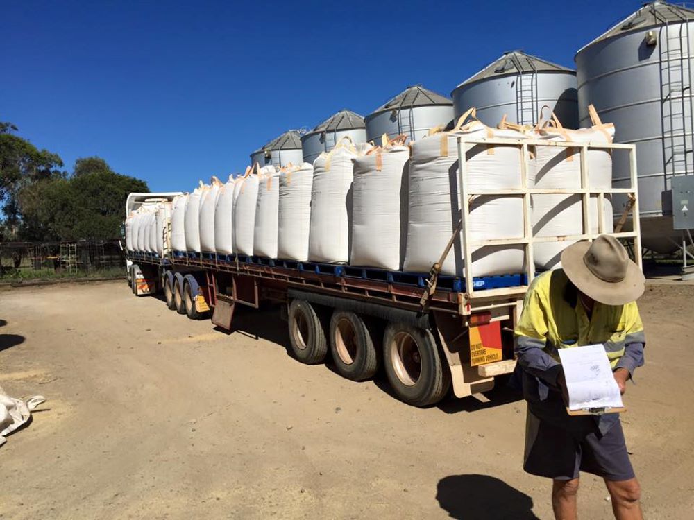 A Man is Standing in Front of a Truck Filled With Bags of Grain — Wallamore Grain & Produce In Armidale, NSW