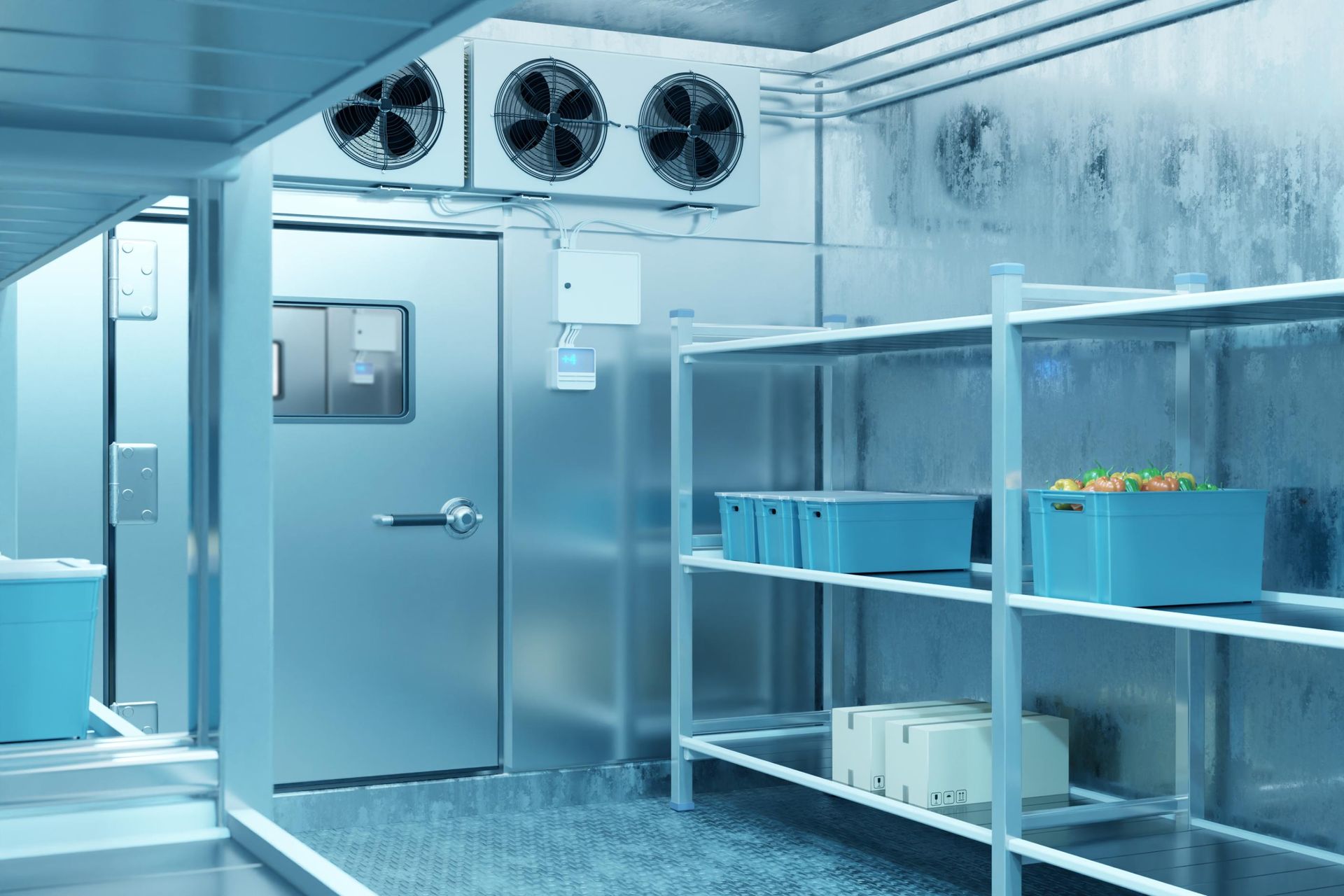 Cold storage room with metal shelves, fans, and an open door, lit in blue tones
