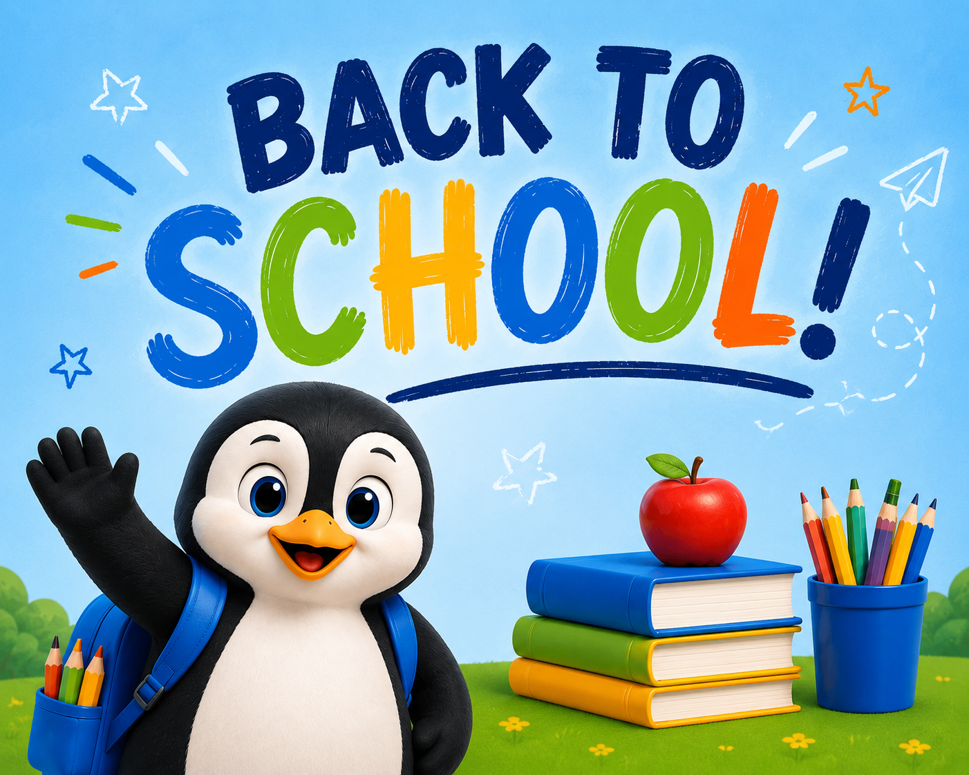 penguin celebrating back to school