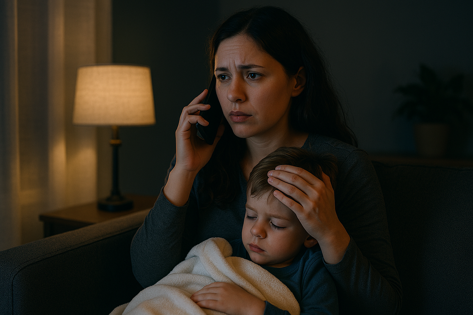 Mother with sick child calling her pediatrician