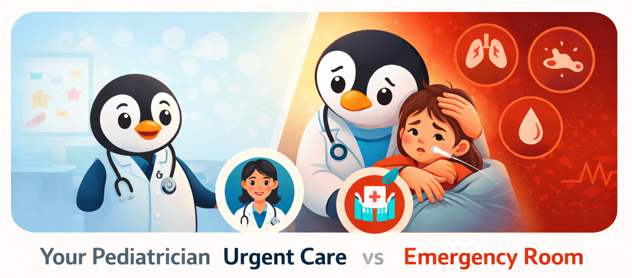 Parent holding sick child with pediatric penguin illustration showing when to go to ER vs urgent care vs pediatrician