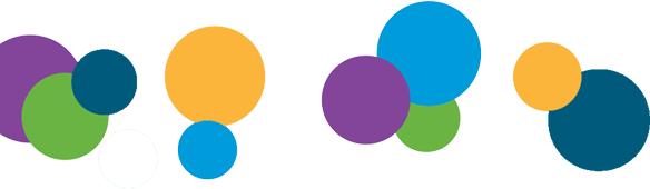 Four clusters of overlapping colorful circles: purple, green, blue, and yellow.