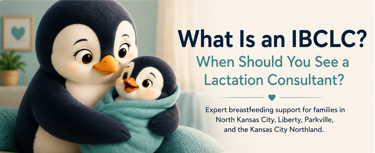 Parent penguin cuddling baby penguin representing breastfeeding support and lactation consulting services at Priority Care Pediatrics.