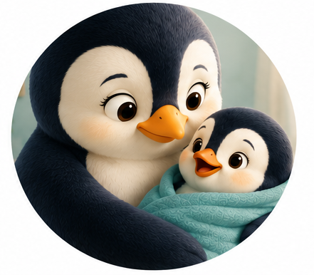 Cartoon penguin with her baby