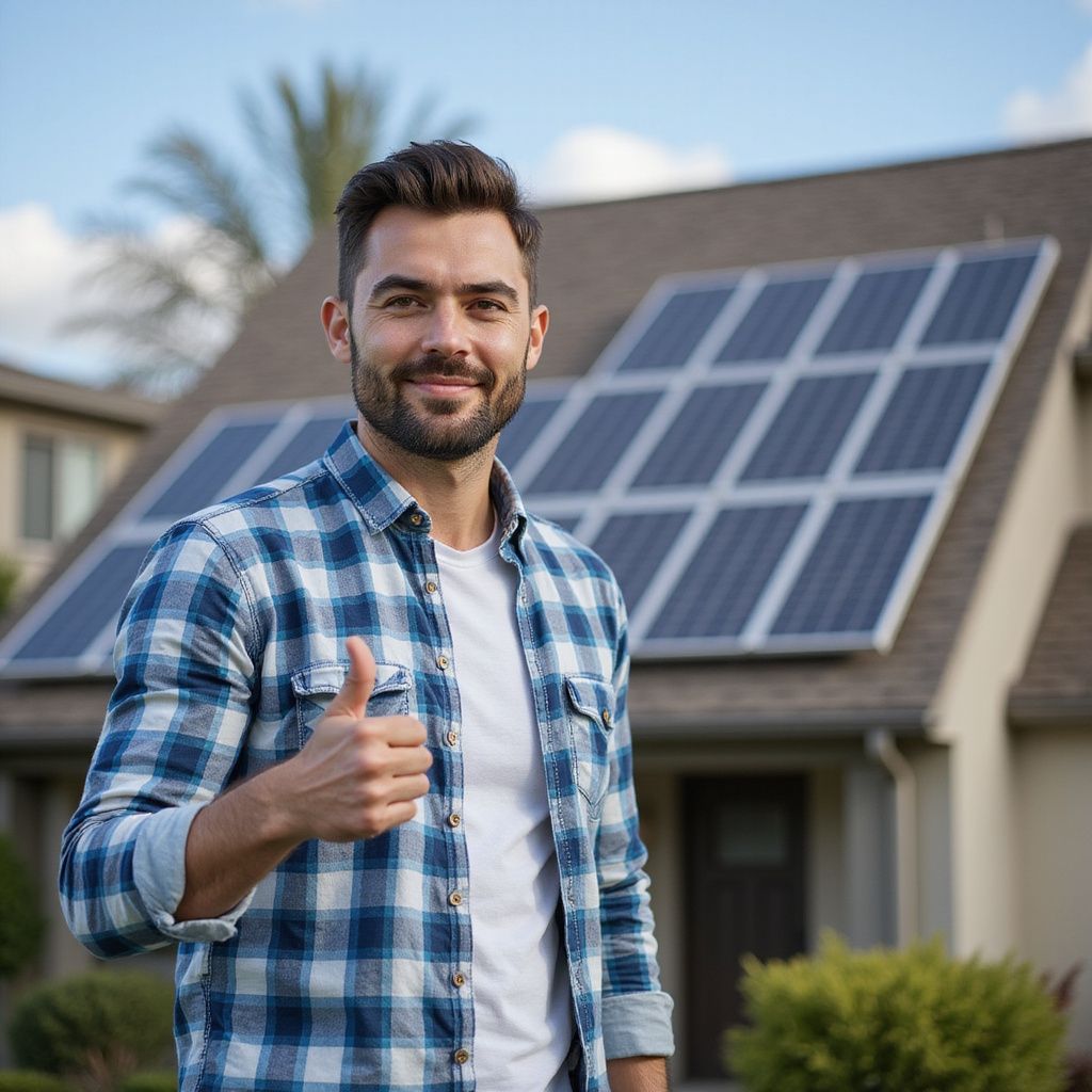 Man with solar panels, giving a thumbs up. He's wearing a plaid shirt in front of a house.