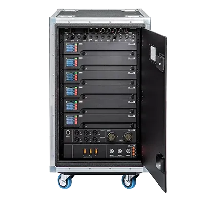 A black cabinet with a lot of electronics inside of it.