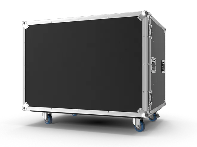 A black case with blue wheels on a white background