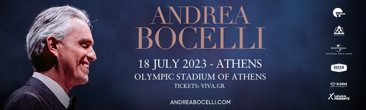 A poster for andrea bocelli shows a man in a suit and tie