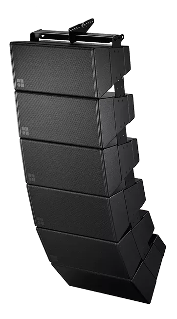 A row of black speakers stacked on top of each other on a white background.