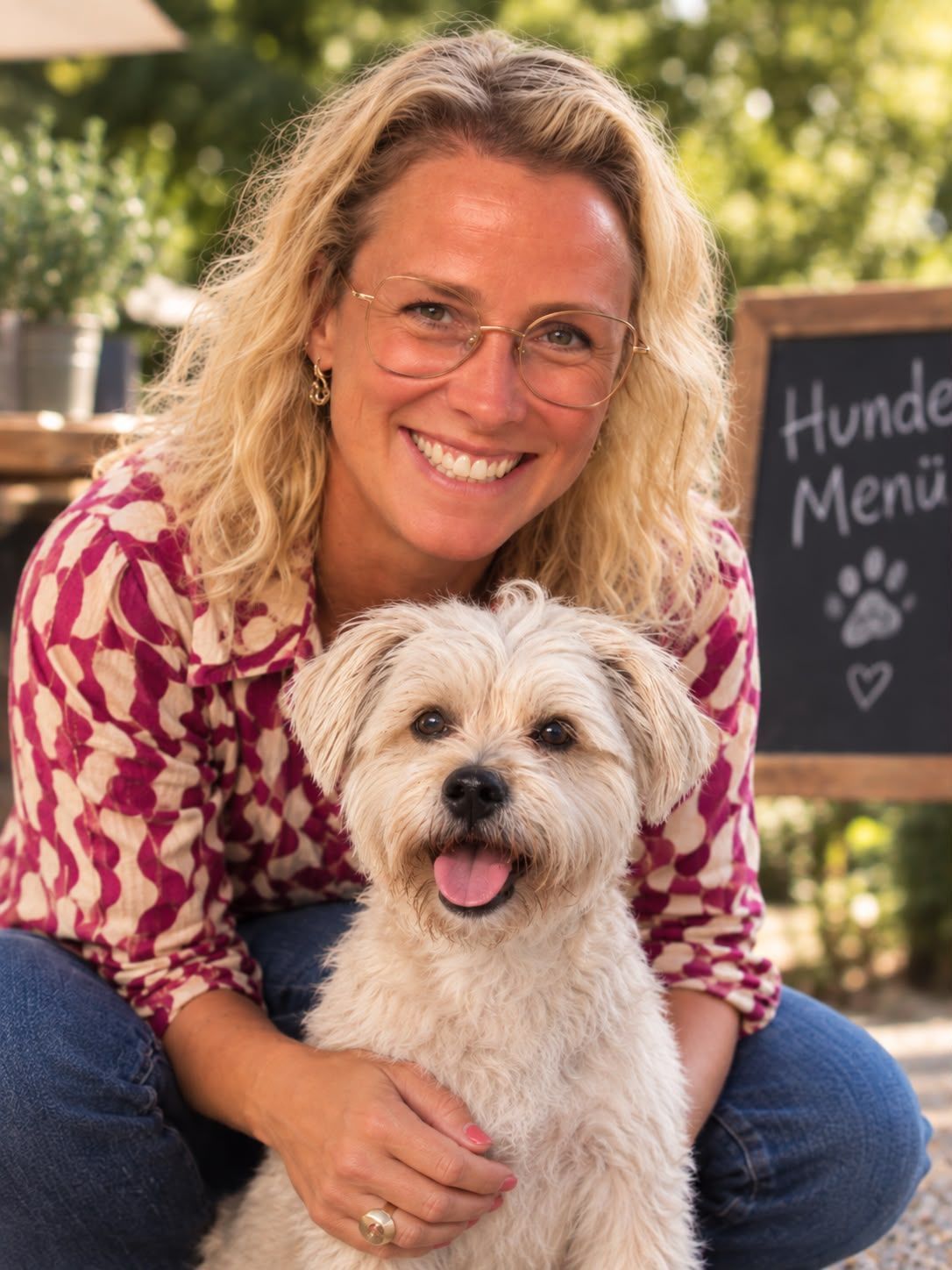 Pascal Käser with a dog on the restaurant terrace of Alter Tobelhof