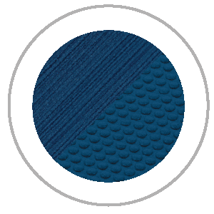 Blue circular design with two textured halves; diagonal split, outlined by a grey circle.