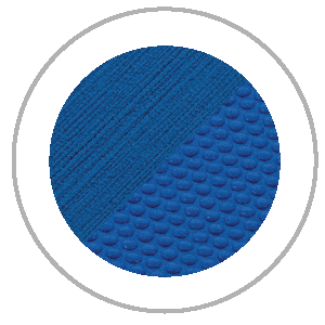 Blue circle divided diagonally, showing textured fabric samples.