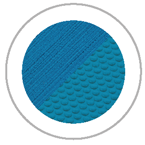 Blue circle split diagonally, with textured lines on top half and small bumps on bottom half, set within a gray circle.