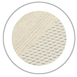 Circle with a split design, showing textured beige fabrics: diagonal lines on one side, small rounded shapes on the other.