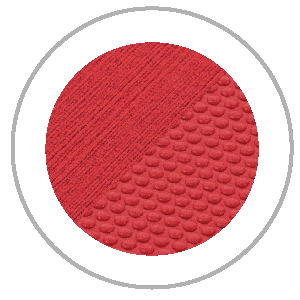 Red circle with two textured halves: diagonal ridges and small bumps, within a gray ring.