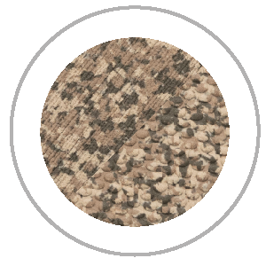 Circular close-up of patterned beige, brown, and black textured fabric inside a gray outlined circle.