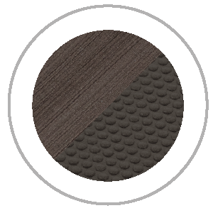 A circular design with a split texture: wood-grain and a textured scale pattern, both in dark brown.