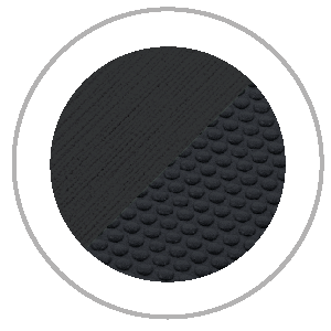 Circular button with a gray border and a black interior split diagonally, showing a textured pattern and a scale-like pattern.