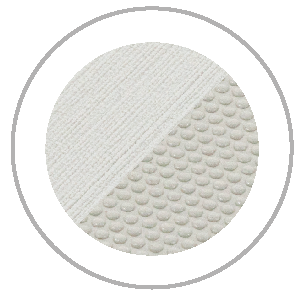 White fabric with ribbed texture on one side and bubbly texture on the other, inside a gray circle.