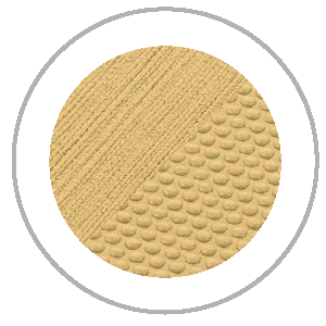 Circular illustration showing two textured surfaces: a diagonal brushed pattern and a bumpy, dotted pattern, both tan.