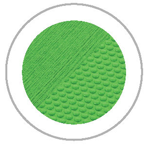 Green circle with textured surface: diagonal stripes on left, bumpy pattern on right, within a gray circle.