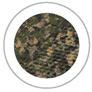 Circular image with green and tan camouflage pattern.