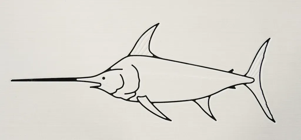 A black and white line drawing of a swordfish.