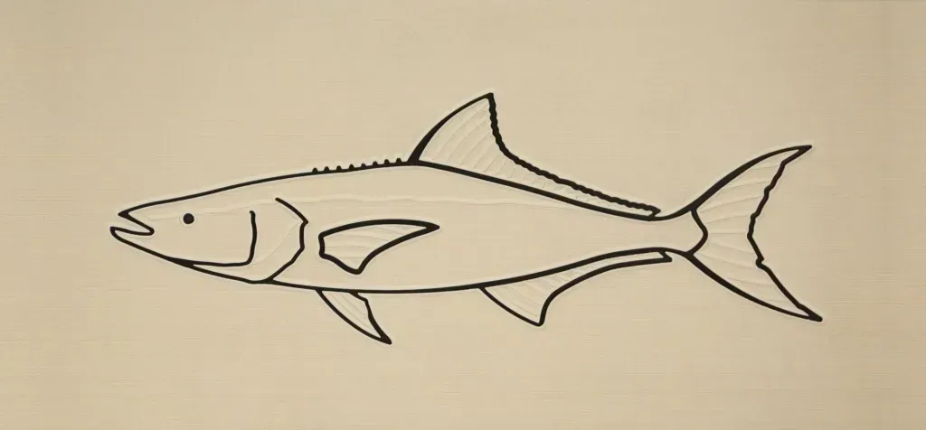 Line drawing of a fish with a dorsal fin, two pectoral fins, and a forked tail.