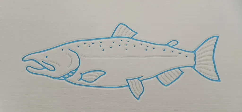 Outlined drawing of a salmon in light blue on a white background.