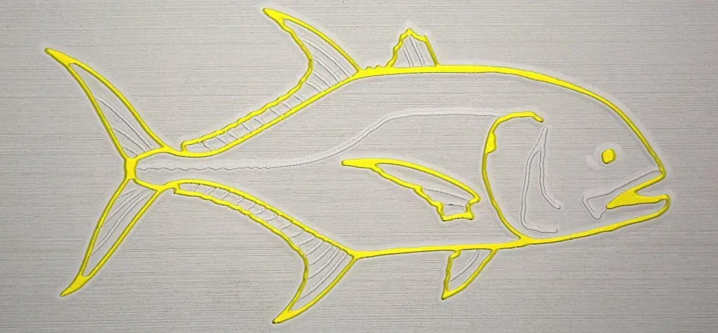 Yellow outline of a fish on a light gray background.