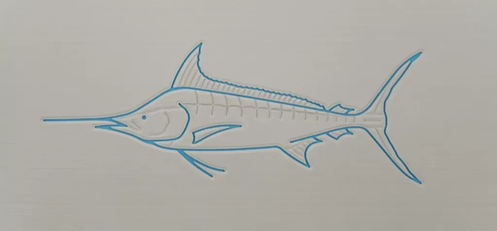 Line drawing of a marlin fish in blue outline on a white background.