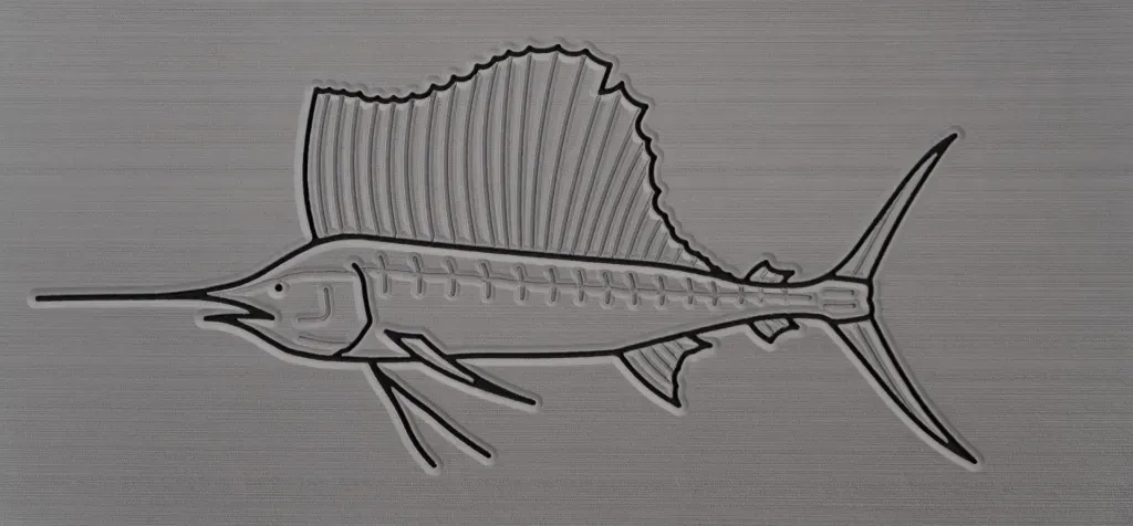 Sailfish outline on a textured gray background.